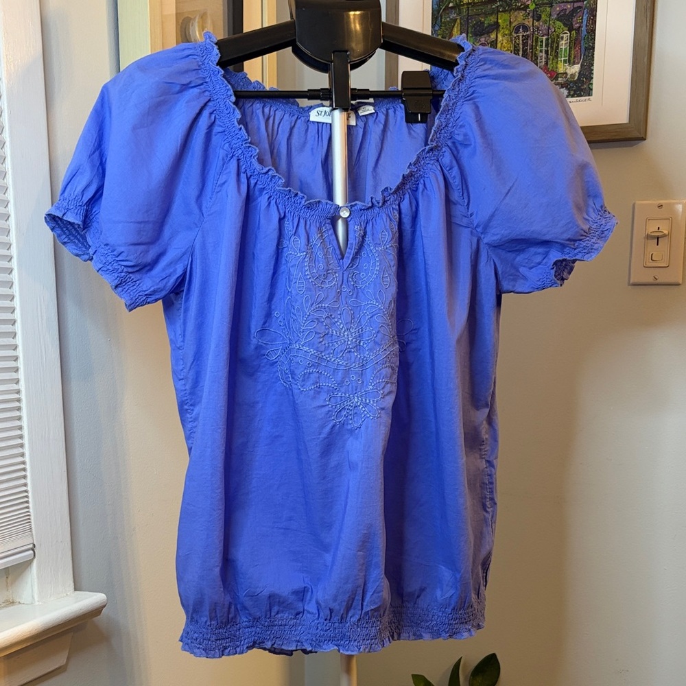 Blue Embroidered 100% Cotton Peasant Top size PL